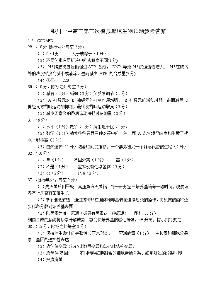 2023届宁夏回族自治区银川一中高三下学期第三次模拟 理综生物答案 试卷01