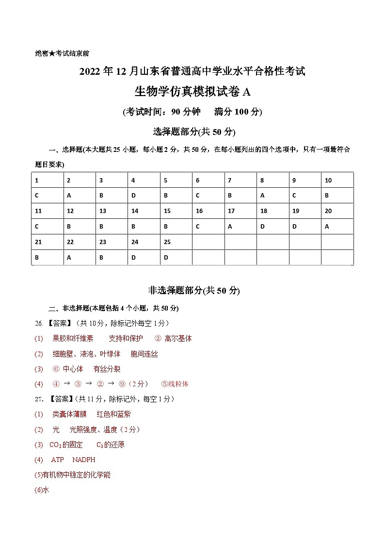 2022年12月山东省普通高中学业水平合格性考试生物模拟卷(一)(参考答案)第1页