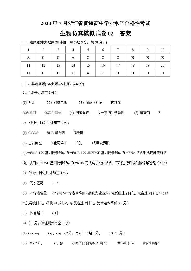 2023年7月浙江省普通高中学业水平合格性考试生物模拟卷0201