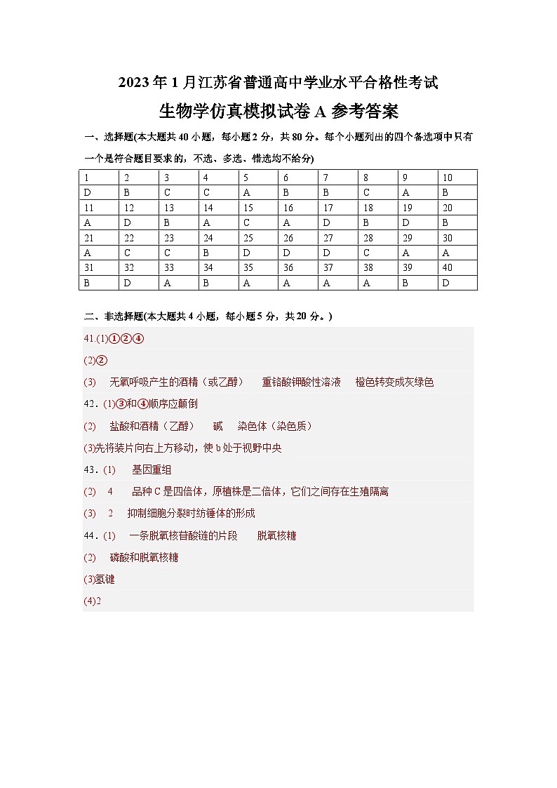 2023年江苏省普通高中学业水平合格性考试A(参考答案)第1页