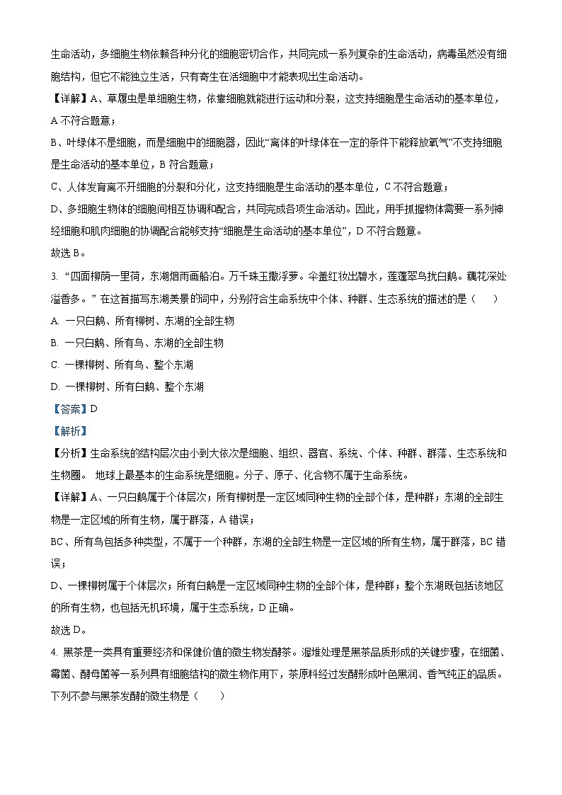2022-2023学年云南省西双版纳州景洪市第一中学高一上学期期中生物试题(解析版)02