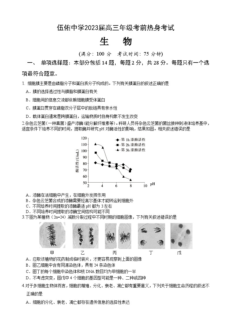 2023届江苏省盐城市伍佑中学高三考前热身考试生物试题及答案第1页