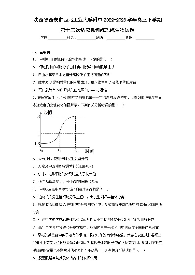 陕西省西安市西北工业大学附中2022-2023学年高三下学期第十三次适应性训练理综生物试题(含解析)01
