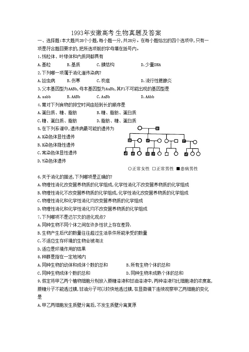 1993年安徽高考生物真题及答案第1页