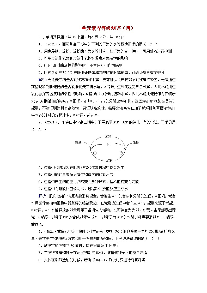 新教材2023年高中生物单元素养等级测评4新人教版必修1第1页