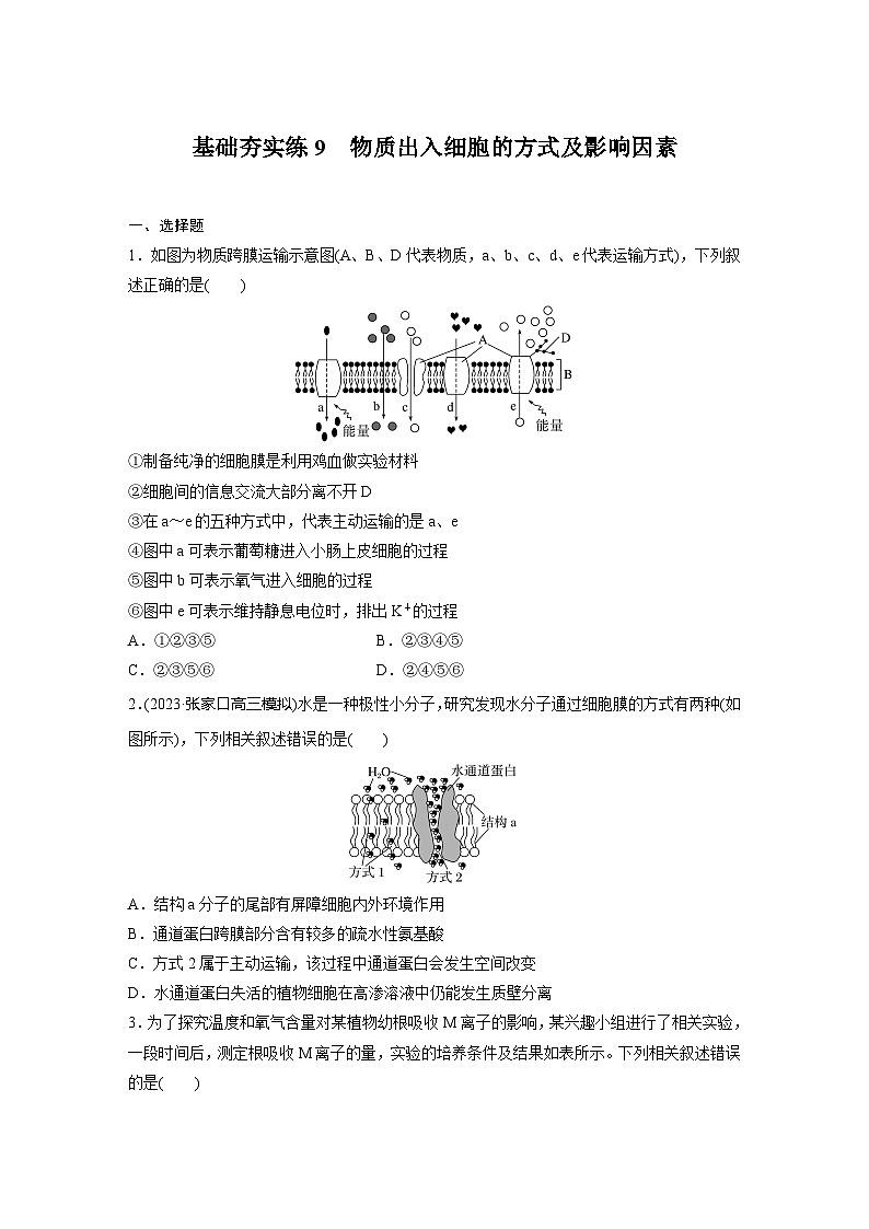 2024届高三生物一轮复习基础夯实练9:物质出入细胞的方式及影响因素第1页