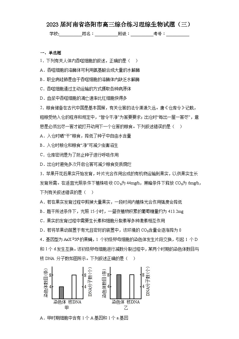 2023届河南省洛阳市高三综合练习理综生物试题(三)(含解析)01
