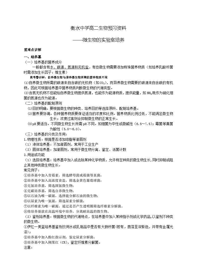 10 衡水中学高二生物预习资料——微生物的实验室培养01