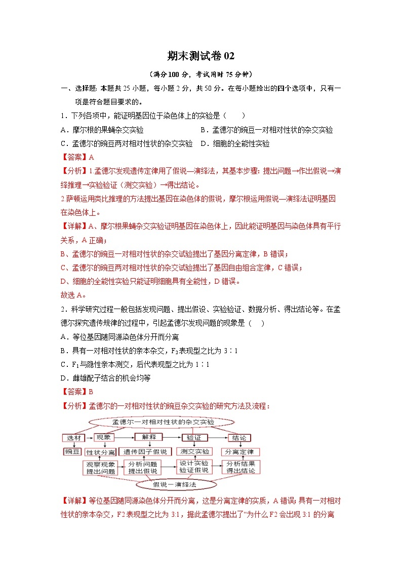 卷02——2022-2023年高一生物下学期期末模拟测试卷（人教版2019）01