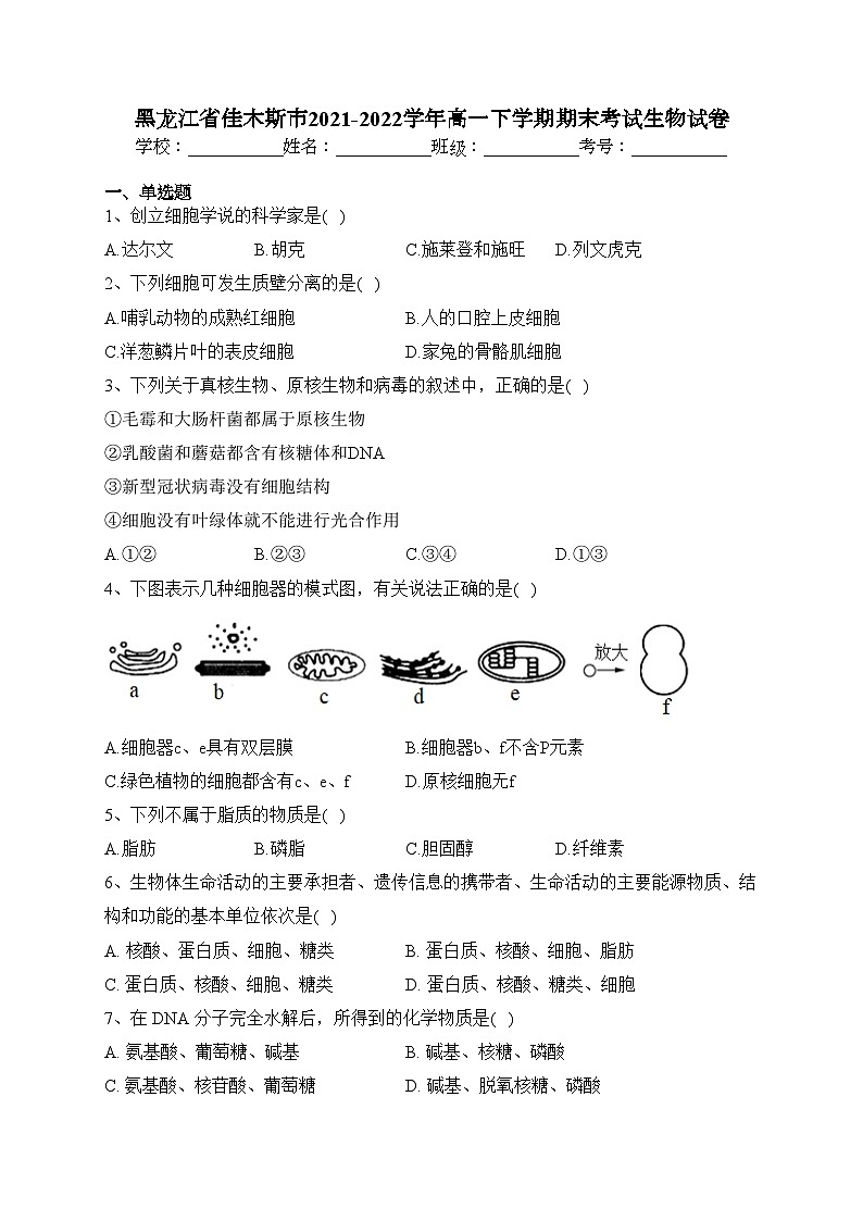 黑龙江省佳木斯市2021-2022学年高一下学期期末考试生物试卷(含答案)01