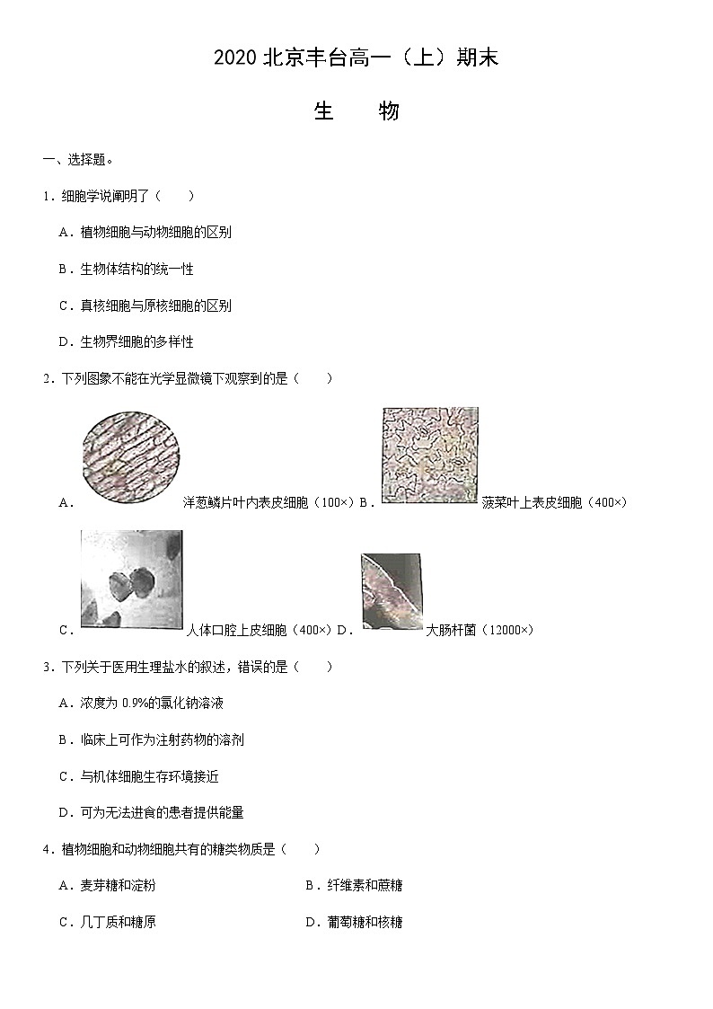 2020北京丰台高一(上)期末生物(教师版)第1页
