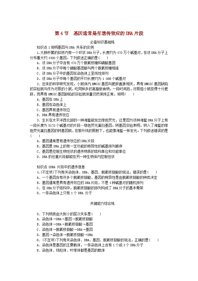 2023版新教材高中生物第3章基因的本质第4节基因通常是有遗传效应的DNA片段课时作业新人教版必修2第1页