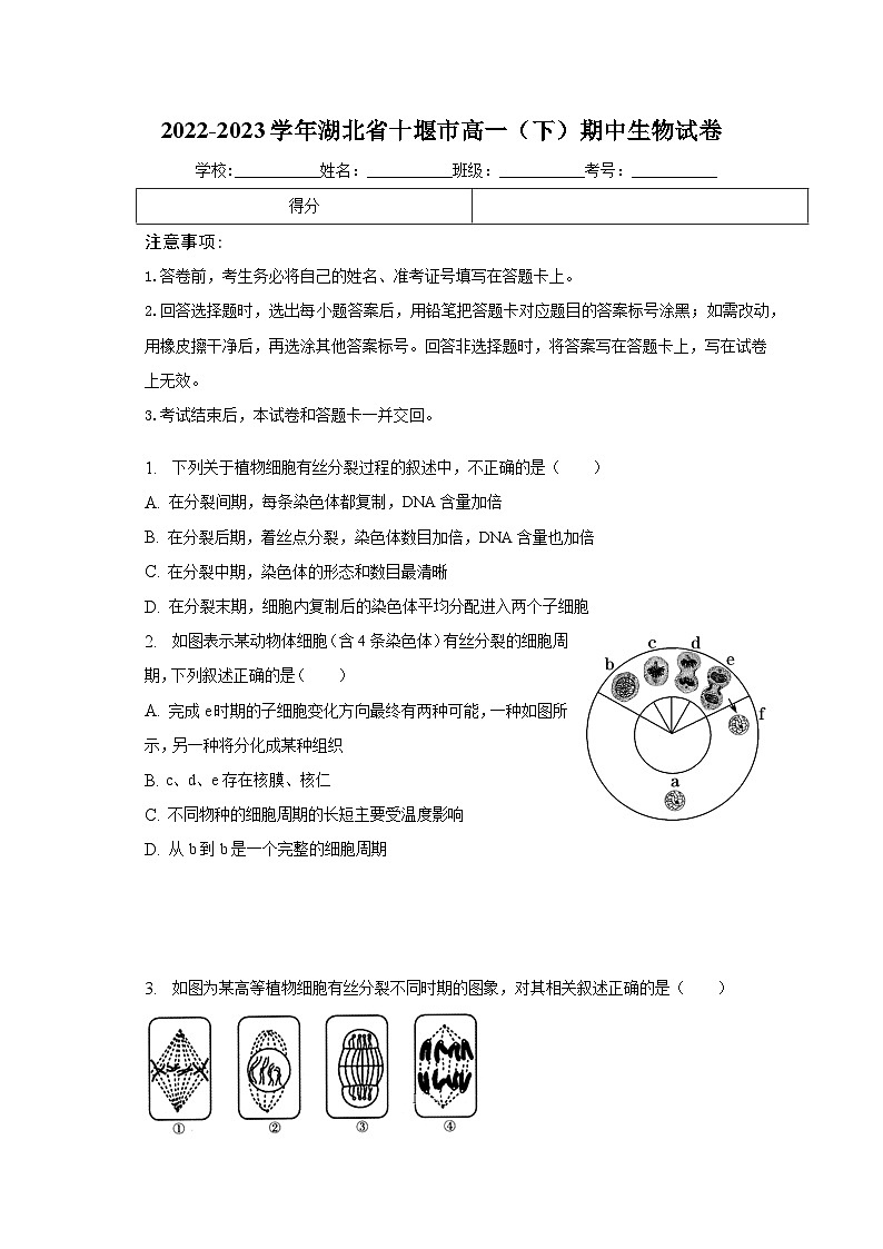 2022-2023学年湖北省十堰市高一(下)期中生物试卷(含解析)第1页