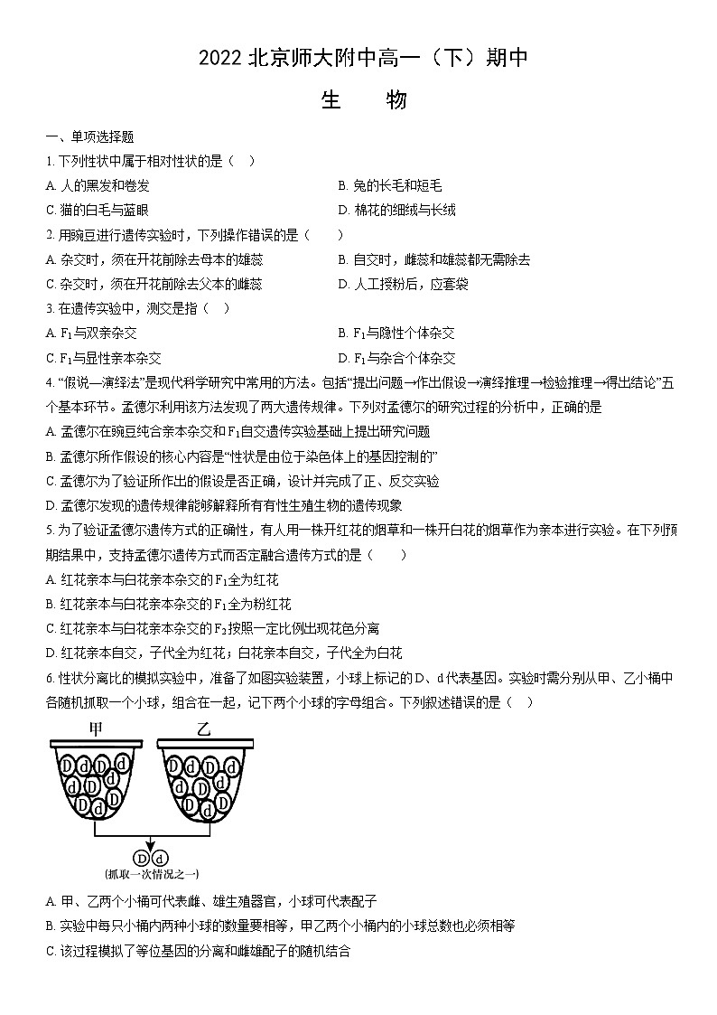 2022北京师大附中高一(下)期中生物(教师版) 试卷01