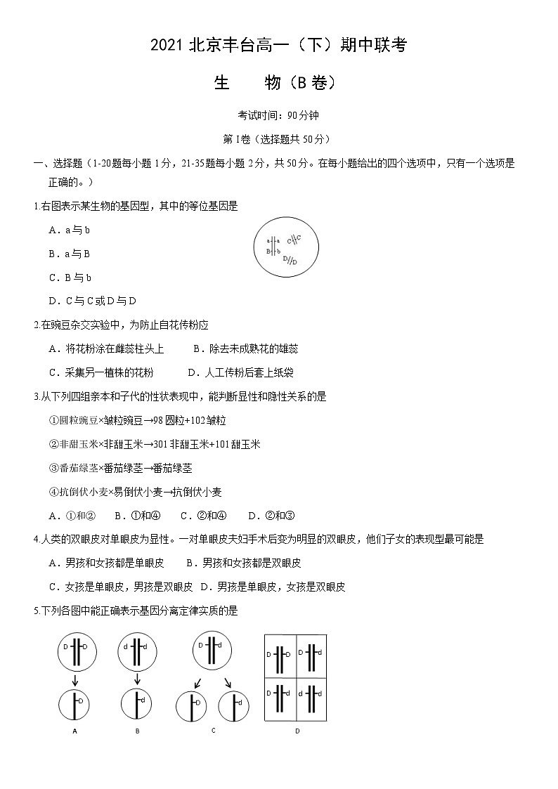 2021北京丰台高一(下)期中联考生物(B卷)(教师版)01
