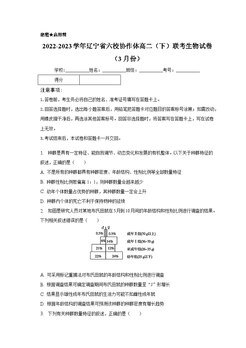 2022-2023学年辽宁省六校协作体高二(下)联考生物试卷(3月份)(含解析)01