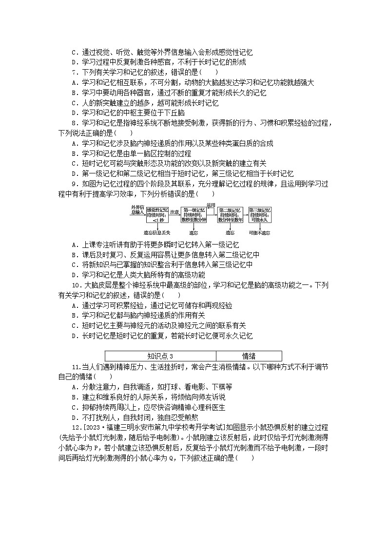 2023版新教材高中生物第2章神经调节第5节人脑的高级功能课时作业新人教版选择性必修1第2页