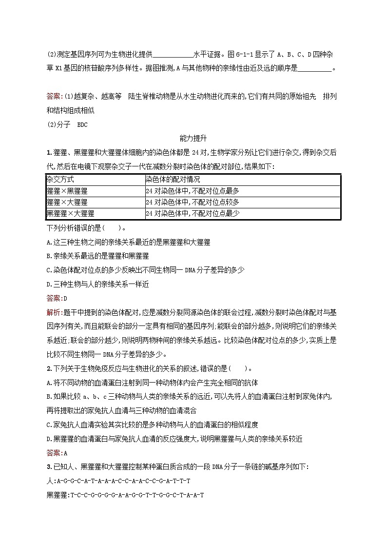 新教材适用2023年高中生物第6章生物多样性与生物进化第1节生物进化的证据课后习题北师大版必修203