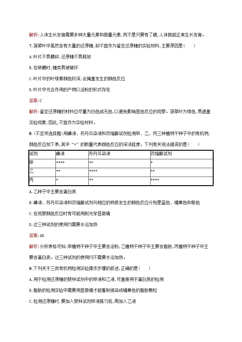 新教材适用2023年高中生物第2章组成细胞的分子第1节细胞中的元素和化合物课后习题新人教版必修103