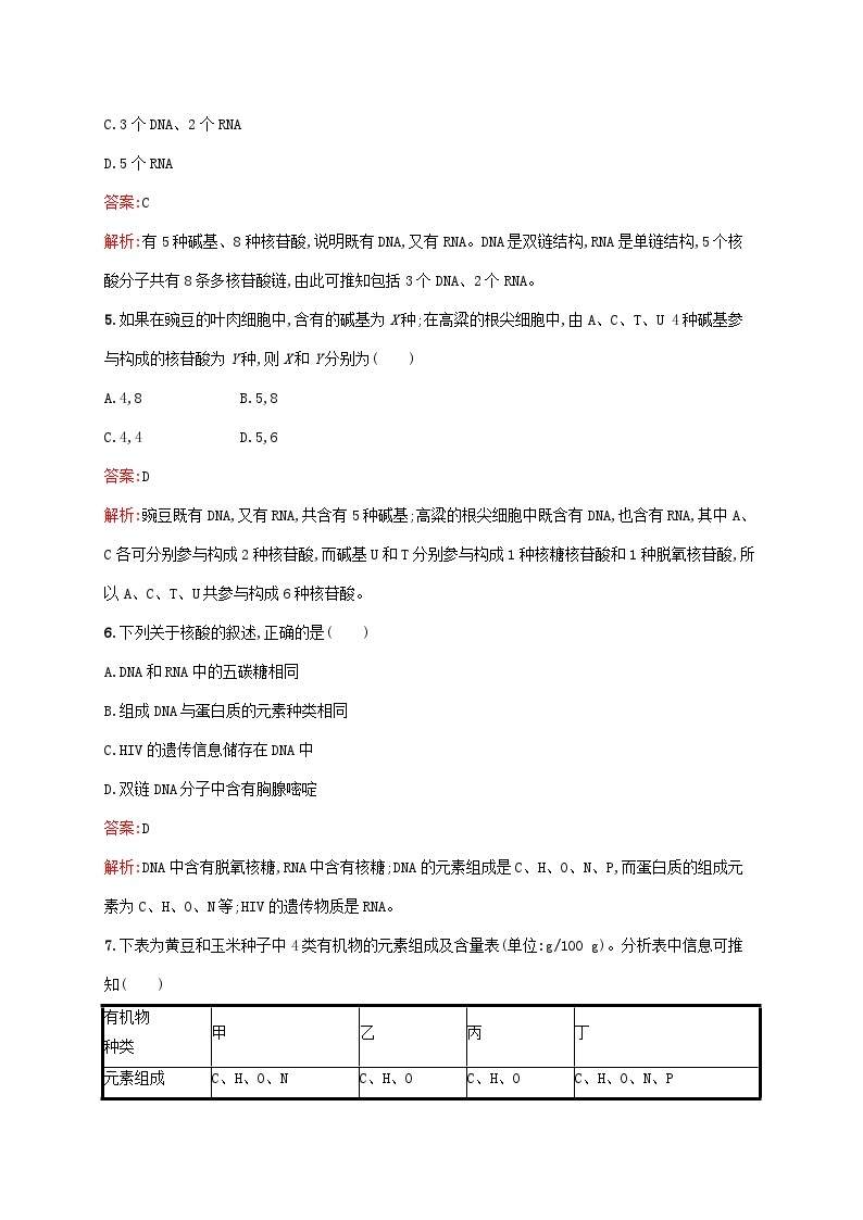 新教材适用2023年高中生物第2章组成细胞的分子第5节核酸是遗传信息的携带者课后习题新人教版必修102