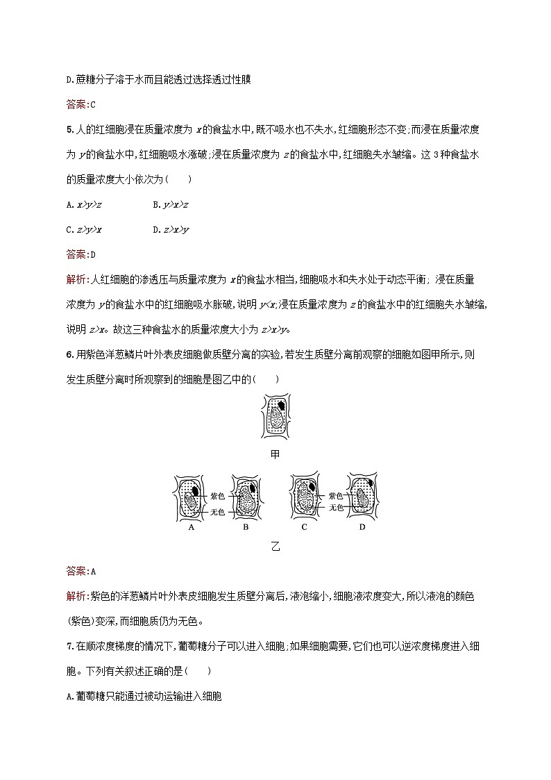 新教材适用2023年高中生物第4章细胞的物质输入和输出测评新人教版必修102