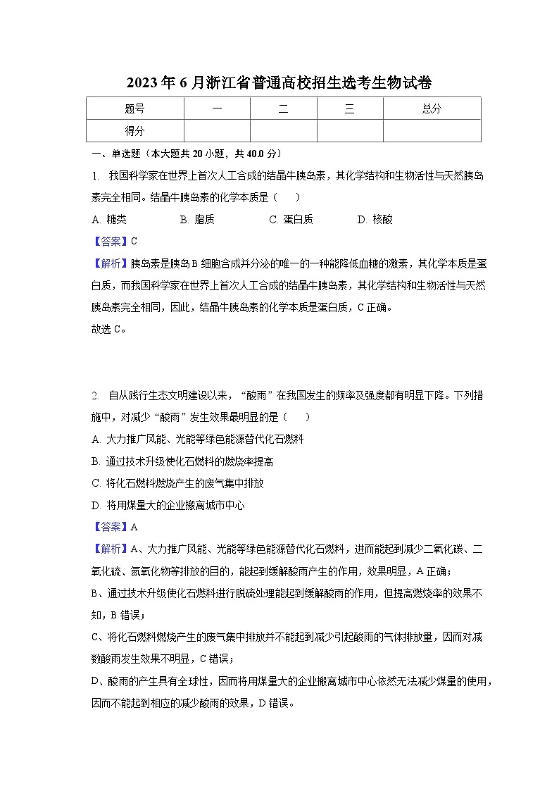 2023年6月浙江省普通高校招生选考生物试卷-教师用卷01