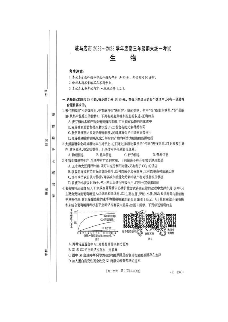 河南省驻马店市2023届高三上学期期末生物试卷+答案01