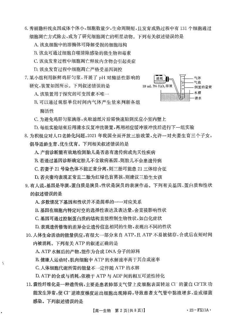 2022学年第二学期浙江强基联盟高一5月统测生物试题第2页