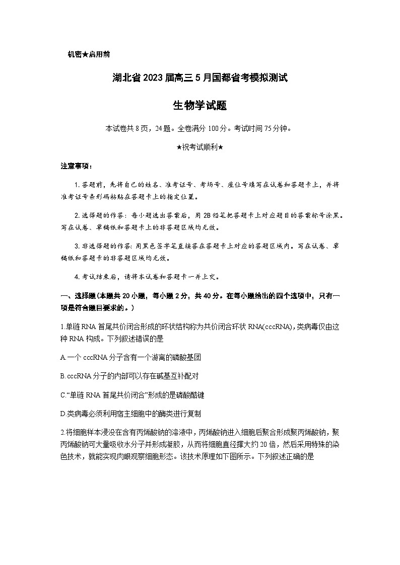 2023届湖北省高三5月国度省考模拟测试生物含解析第1页