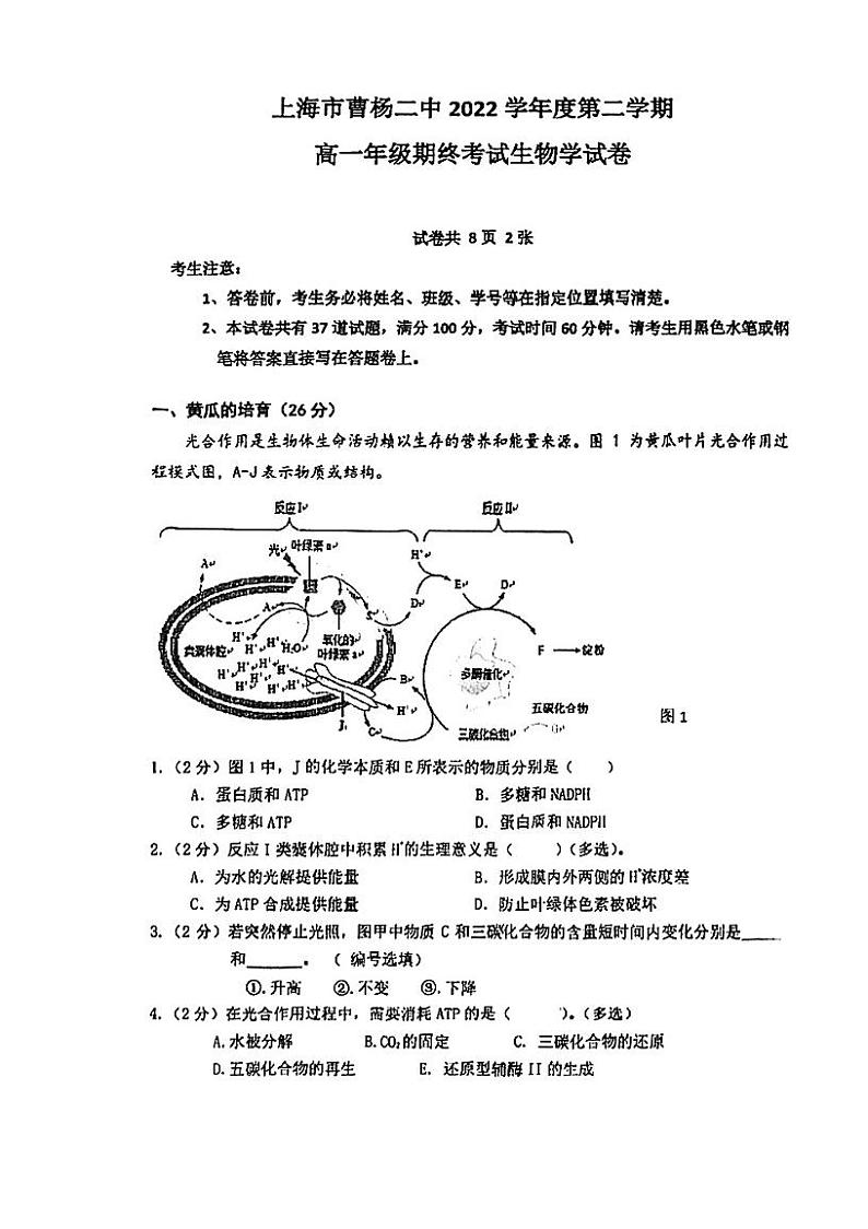 上海市曹杨第二中学2022-2023学年高一下学期期末考试生物试题第1页