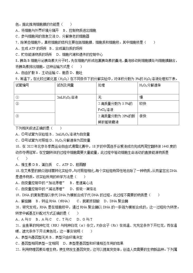 贵州省2022年7月普通高中学业水平合格性考试生物试题(无答案)02