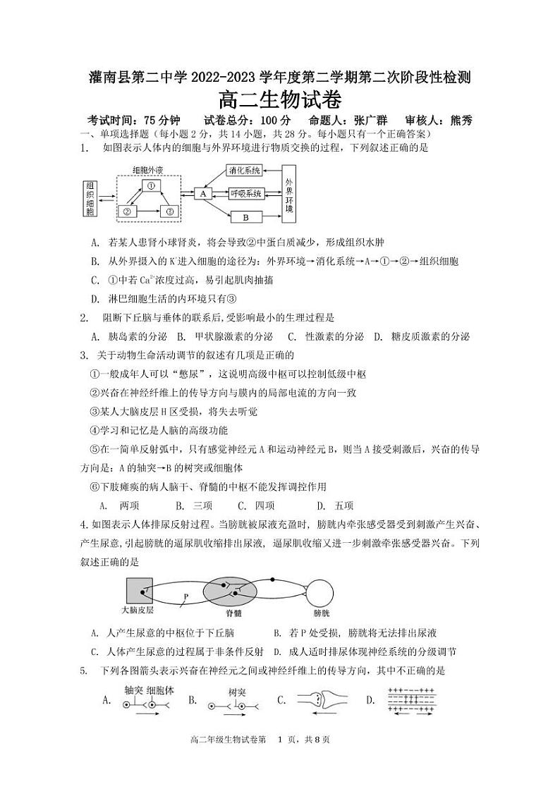 江苏省连云港市灌南县第二中学2022-2023学年高二下学期第二次阶段性检测生物试卷第1页