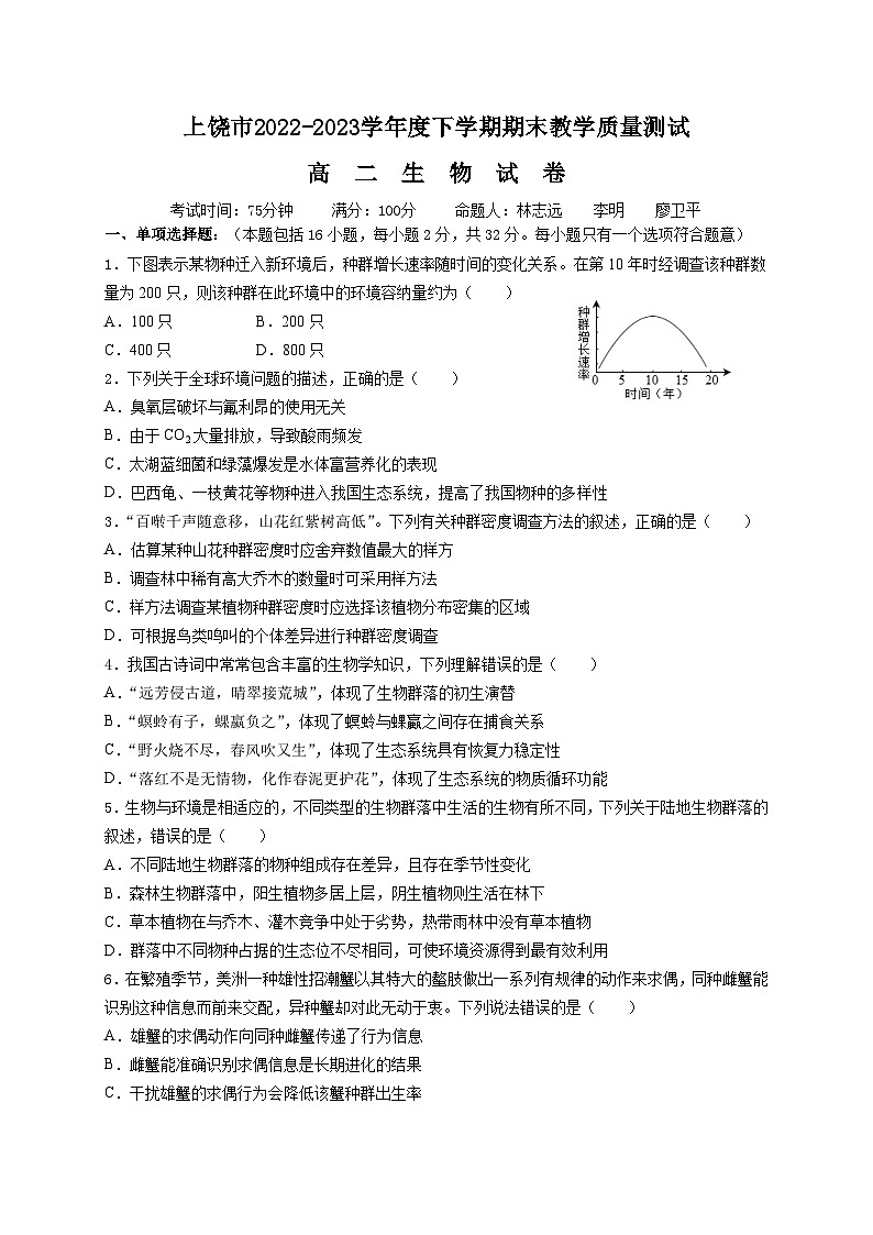 高二下学期期末考试生物试卷第1页