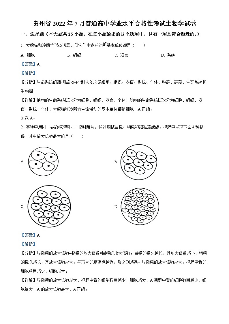精品解析:贵州省2022年7月普通高中学业水平合格性考试生物试题(解析版)第1页
