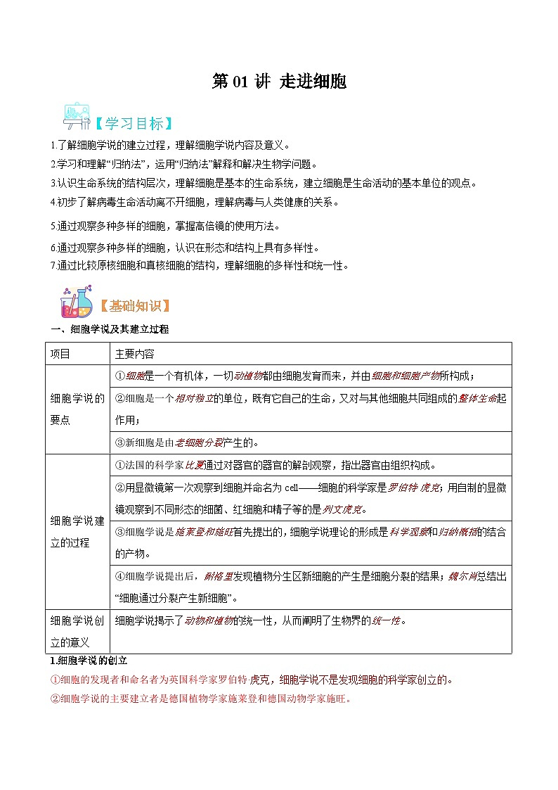【暑假初升高】人教版生物初三(升高一)暑假预习-(必修1)第01讲 走近细胞 讲学案01