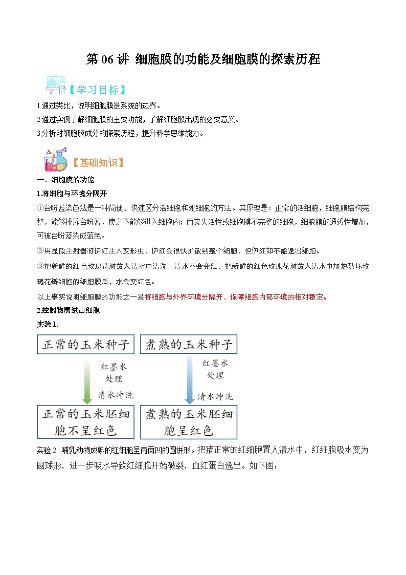 【暑假初升高】人教版生物初三（升高一）暑假预习-（必修1）第06讲 细胞膜的功能及探究历程  讲学案01