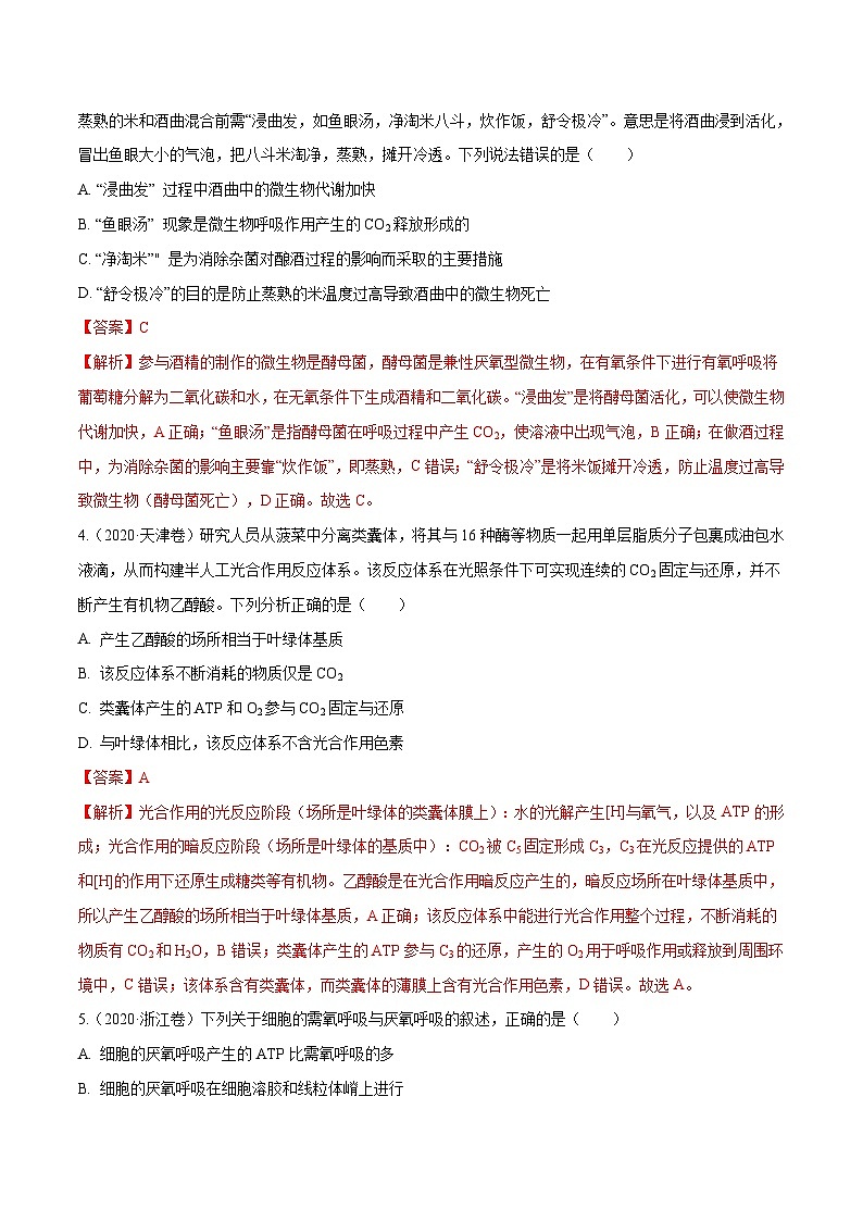 专题02 细胞的能量与代谢-十年(2011-2020)高考真题生物分项详解(含解析)02