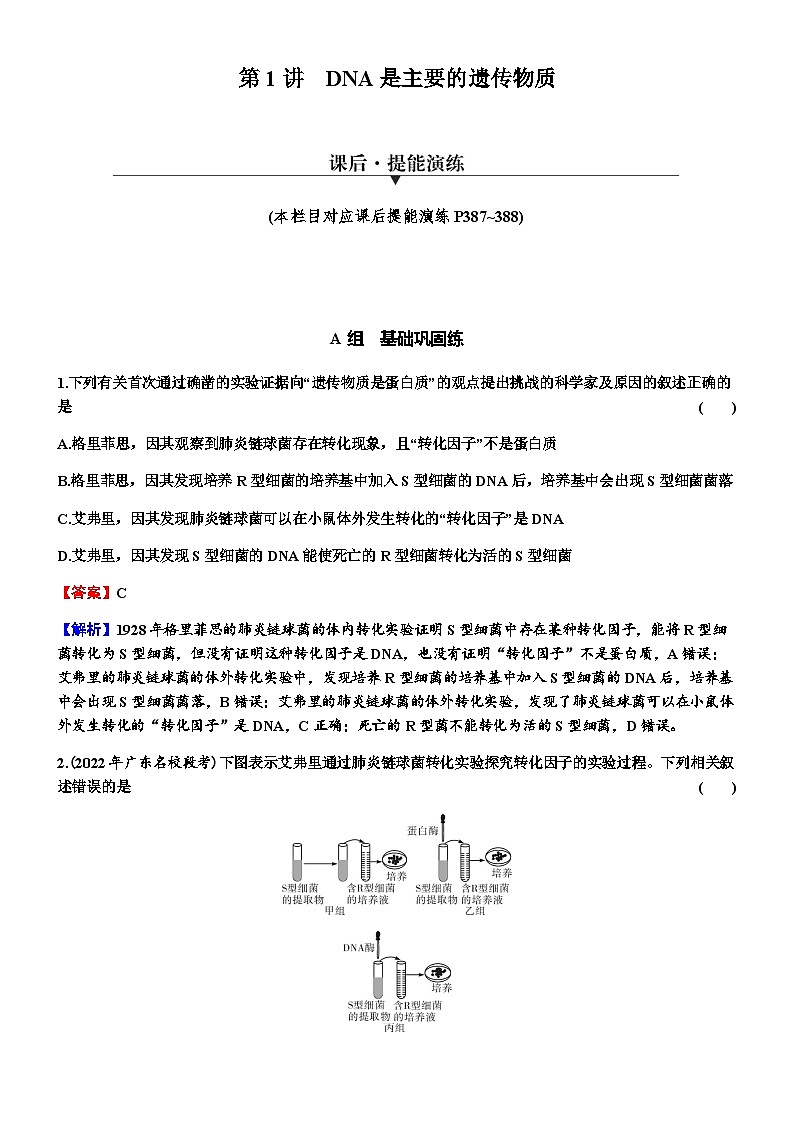 2024届高考生物一轮复习第六单元基因的本质基因的表达第1讲DNA是主要的遗传物质练习含答案第1页