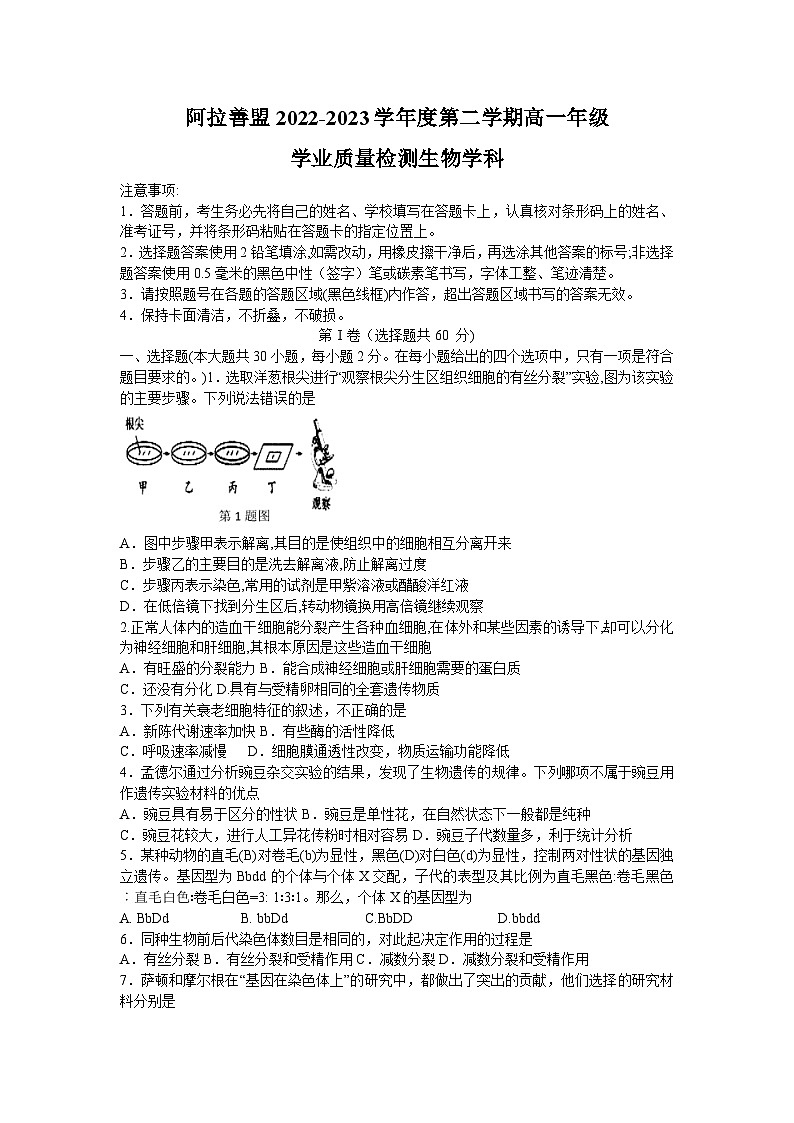 内蒙古阿拉善盟2022-2023学年高一下学期期末考试生物试题第1页
