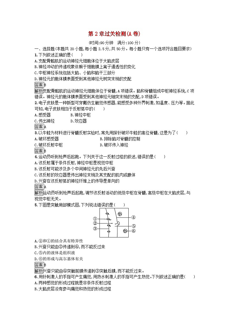 新教材2023年高中生物第2章神经调节过关检测A卷新人教版选择性必修1第1页