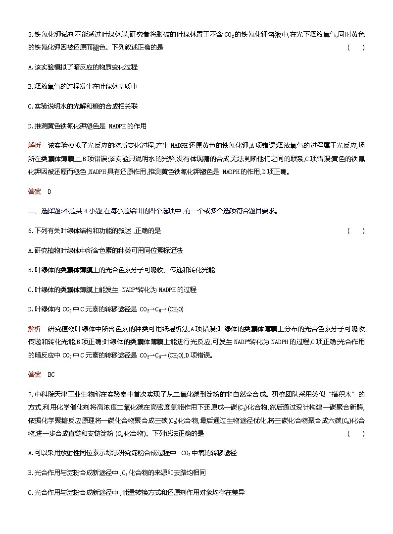 2024届人教版高考生物一轮复习光合作用的色素与基本过程作业(不定项)含答案第3页