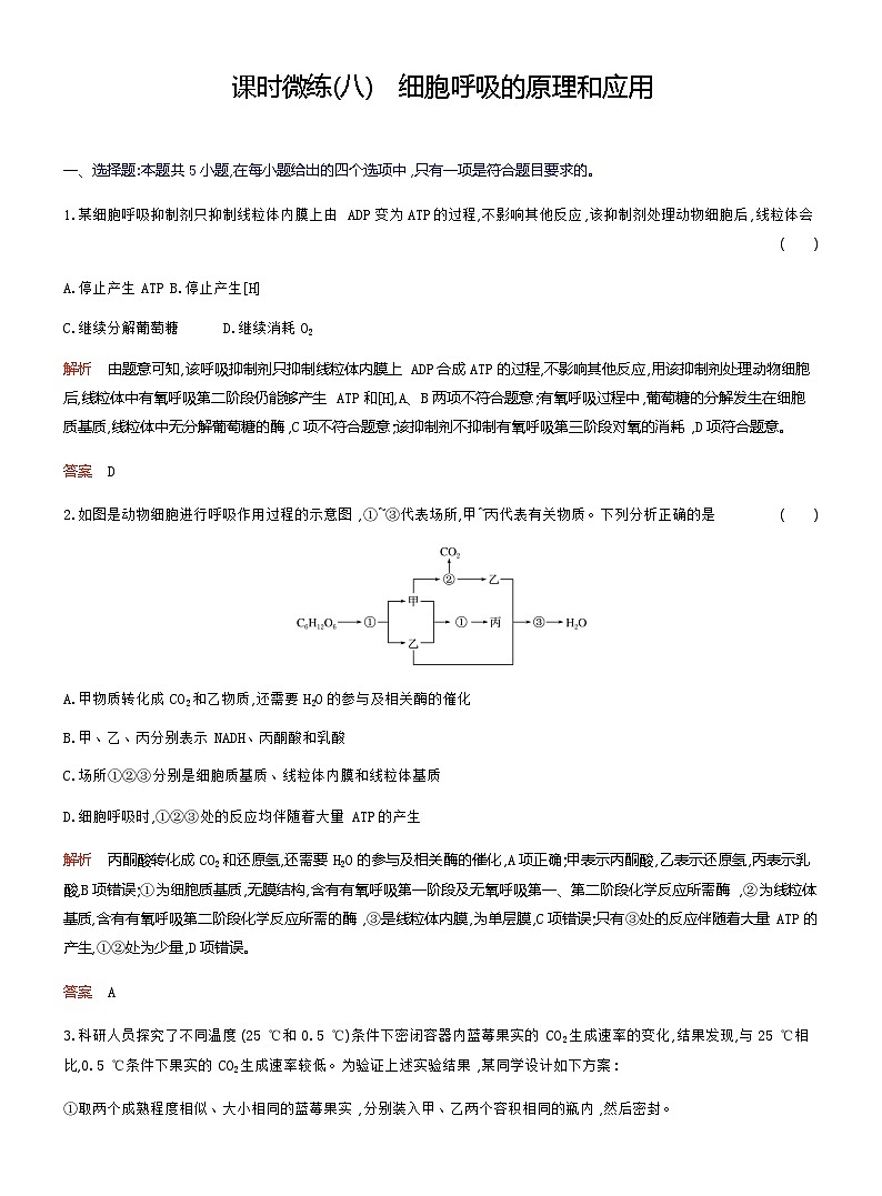 2024届人教版高考生物一轮复习细胞呼吸的原理和应用作业(不定项)含答案第1页