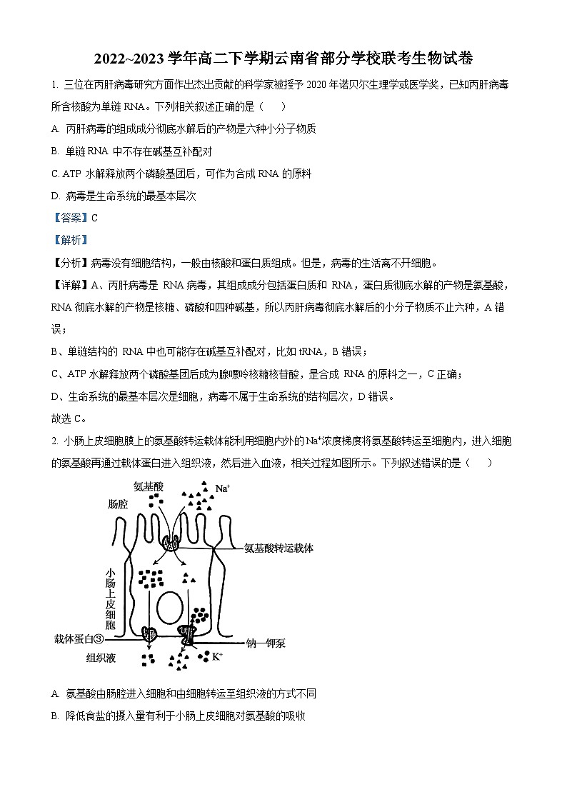精品解析:云南省部分学校2022~2023学年高二下学期期末联考生物试题(解析版)第1页