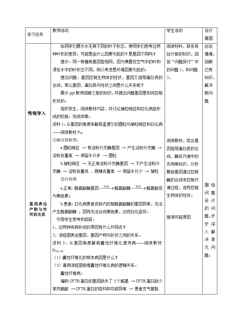 高中生物 (人教版2019)必修2 4.2 基因表达与性状的关系 教案(表格式)第2页