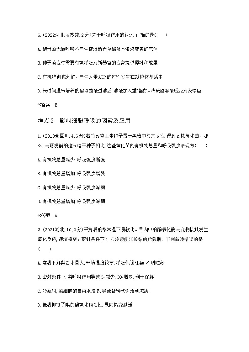 2024届人教版高考生物一轮复习细胞呼吸作业含答案第3页
