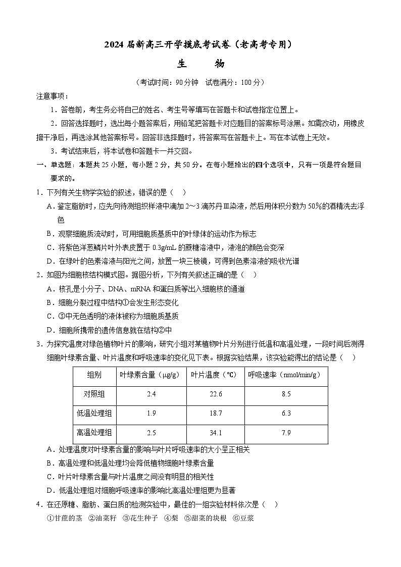 【新高三摸底】2024届新高三-生物开学摸底考试卷(全国通用,老教材)01