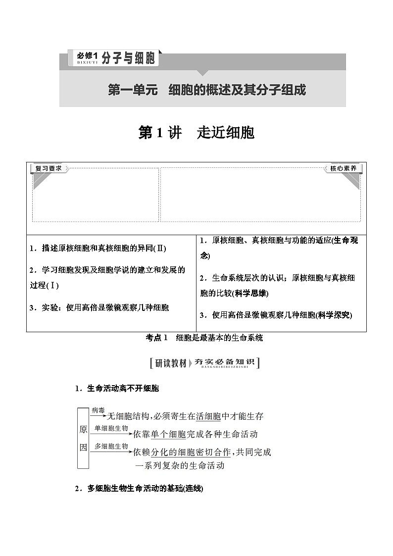 2024届人教版高中生物一轮复习走近细胞学案第1页