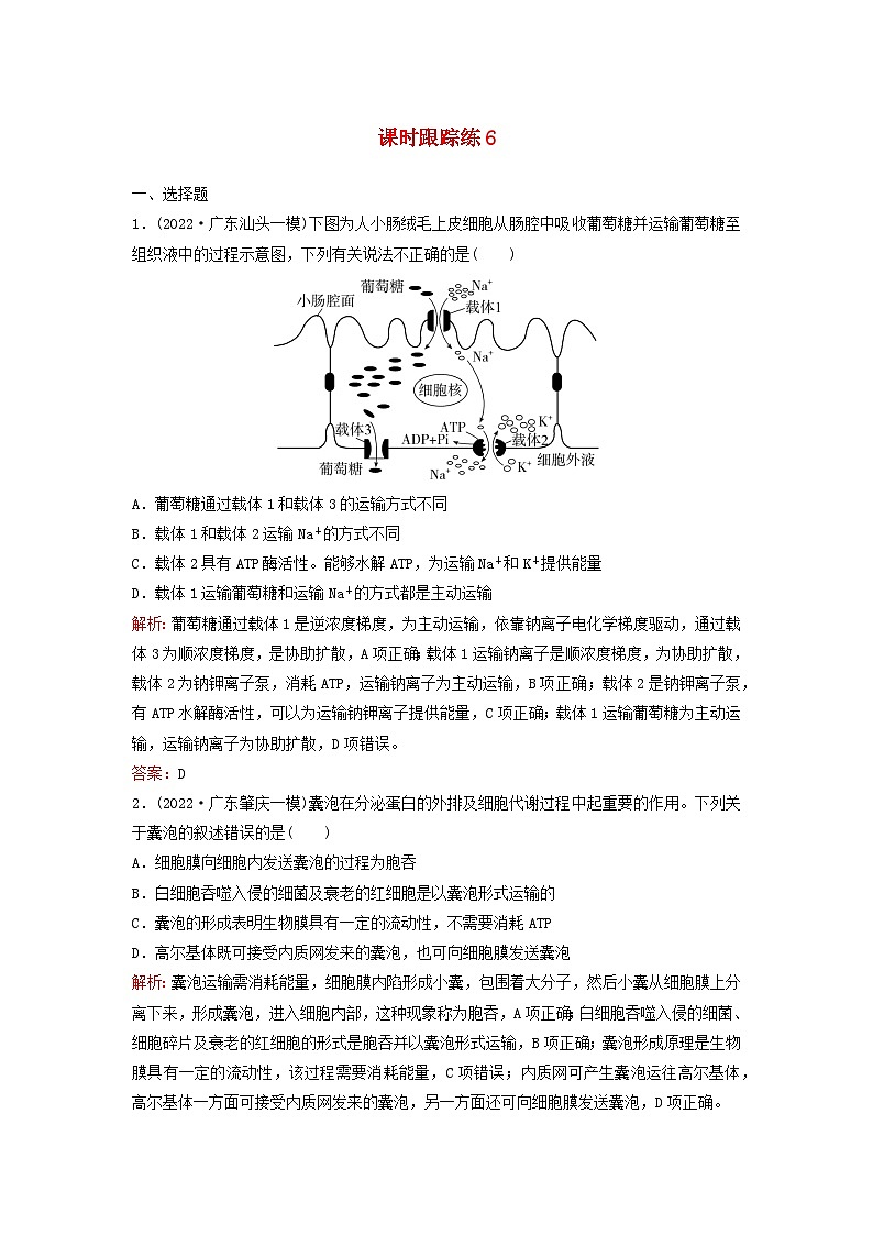 2024届高考生物一轮总复习第二单元细胞的基本结构与物质运输课时跟踪练6细胞的物质输入和输出01