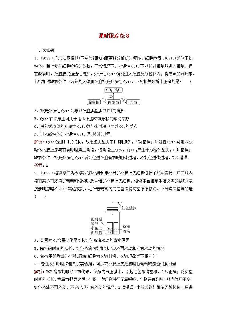 2024届高考生物一轮总复习第三单元细胞的能量供应和利用课时跟踪练8细胞呼吸的原理和应用第1页