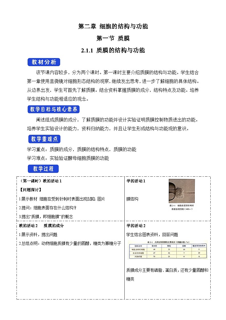2.1.1 质膜的结构与功能 教学设计(2)-北师大版高中生物必修1分子与细胞第1页